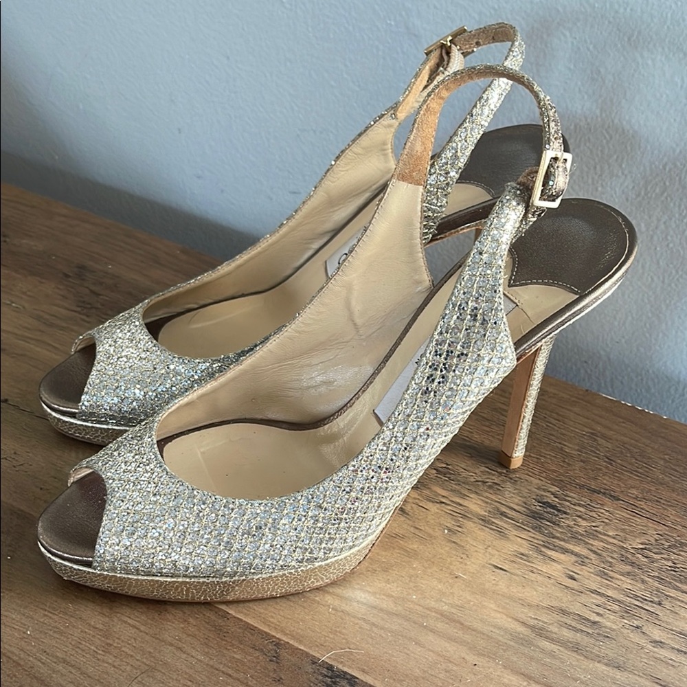 Jimmy Choo Silver Peep-Toe Slingback Heels